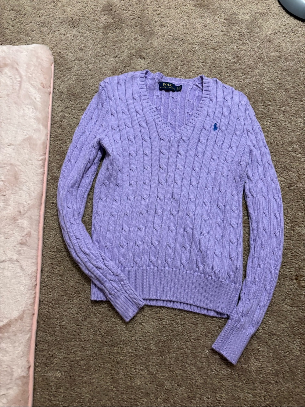Ralph Lauren Lavender Cable-Knit V-Neck Sweater